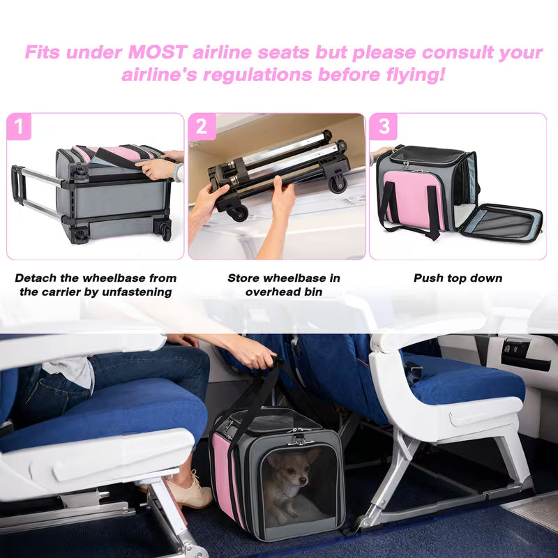 Pink Expandable Rolling Pet Carrier with Detachable Wheelbase – Airline Approved Soft-Sided Travel Bag for Dogs & Cats Under 25 lbs