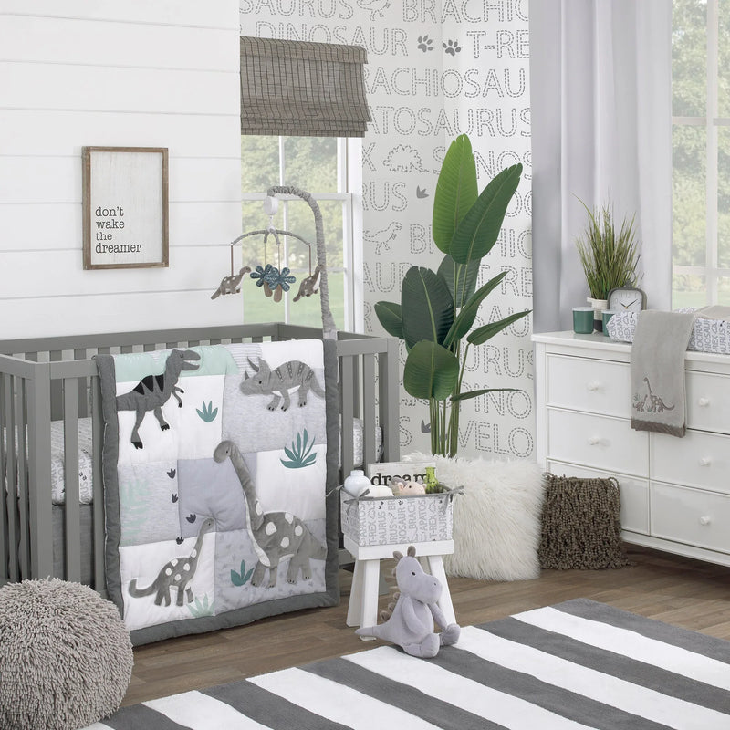 Baby-Saurus Gray, White, and Green Triceratops, Brontosaurus, and Tyrannosaurus Dinosaurs with Mountains and Leaves 4 Piece Nursery Crib Bedding Set - Comforter, 100% Cotton Fitted Crib Sheet, Crib Skirt, and Storage - BIG FRENCHIES