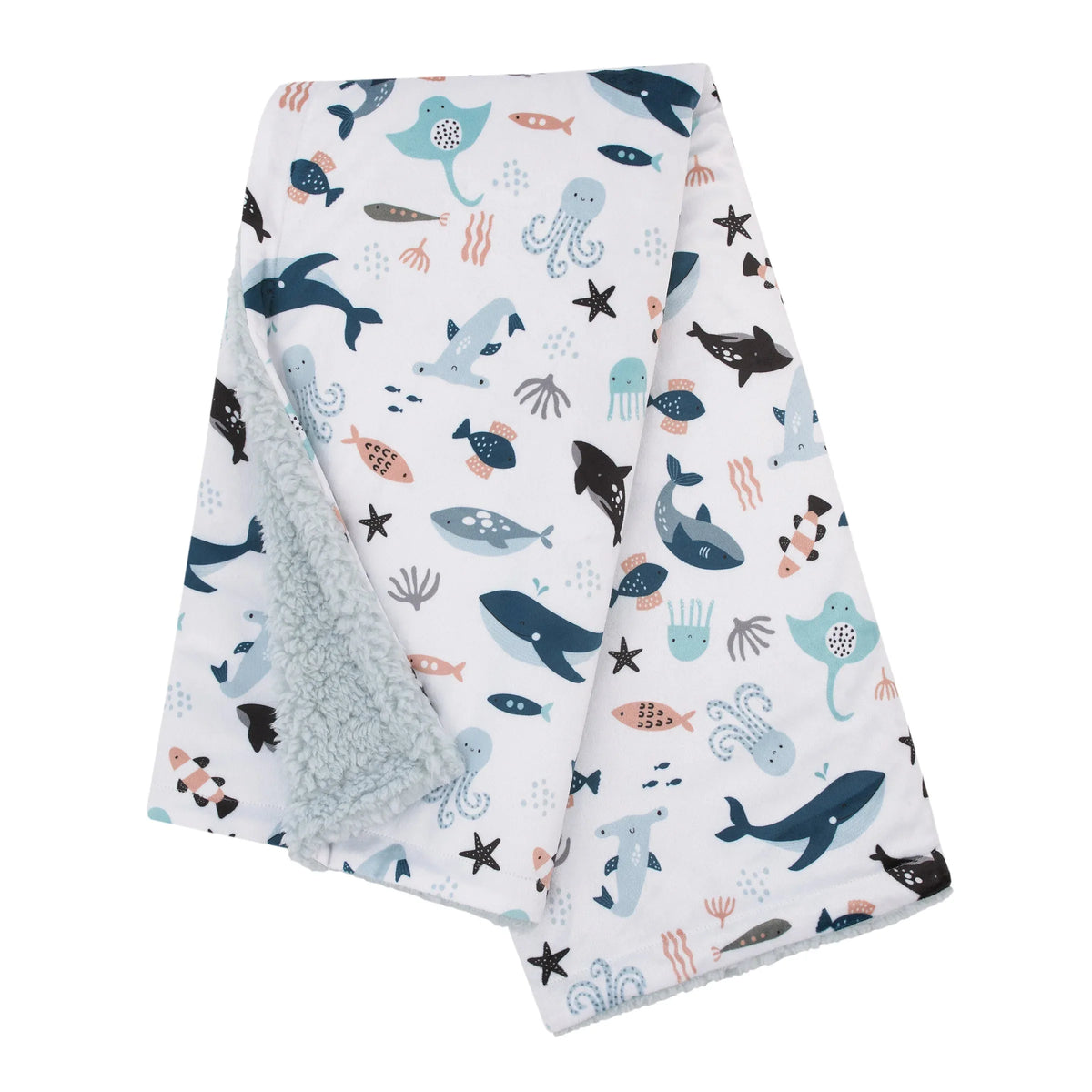 Explore Dream Discover Light Blue, Navy, Gray and Coral Super Soft Sherpa Baby Blanket - BIG FRENCHIES