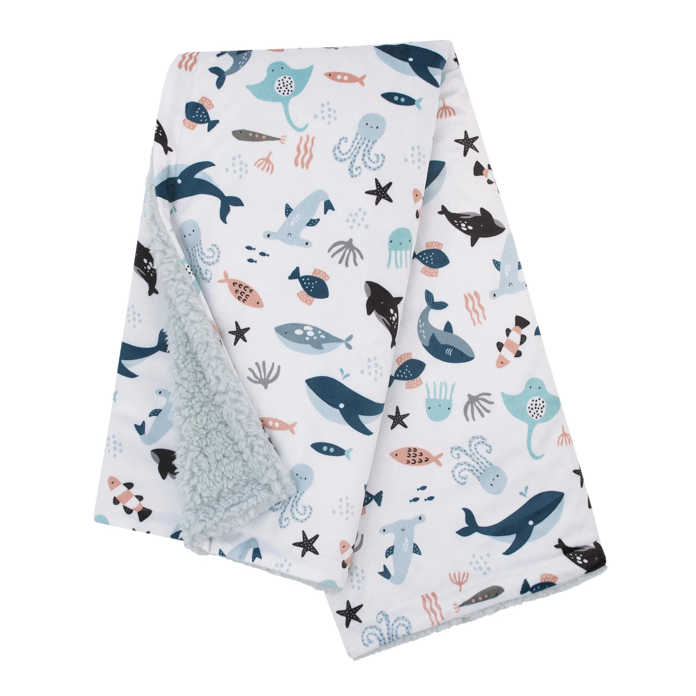Explore Dream Discover Light Blue, Navy, Gray and Coral Super Soft Sherpa Baby Blanket - BIG FRENCHIES