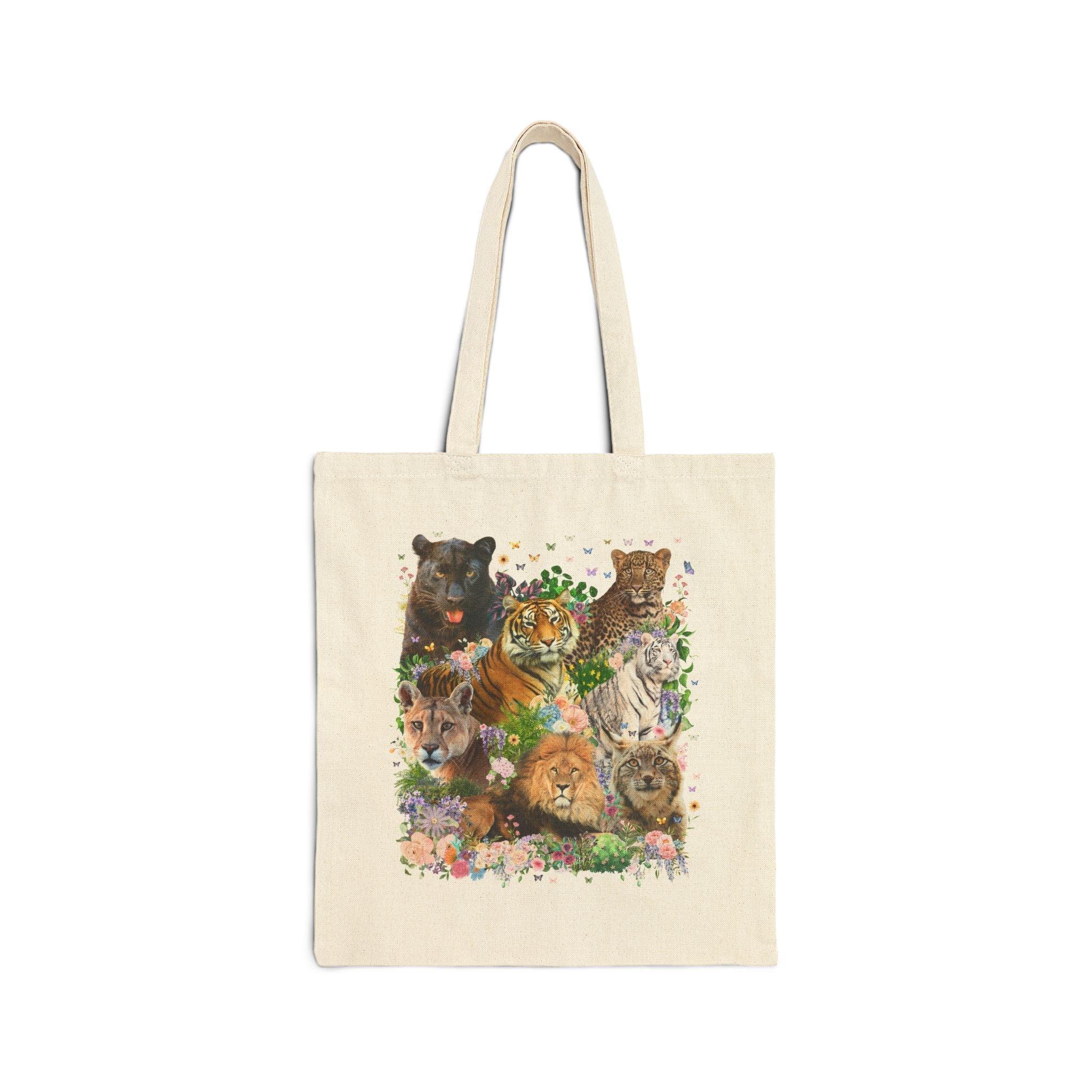 Floral Big Cat Collage Tote Bag with Butterflies - BIG FRENCHIES