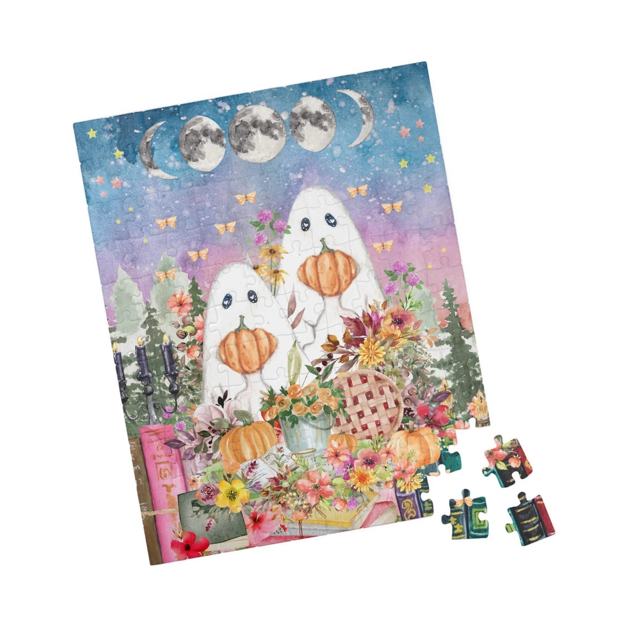 Floral Ghost Halloween Puzzle with Cute Ghosts Holding Pumpkins - BIG FRENCHIES