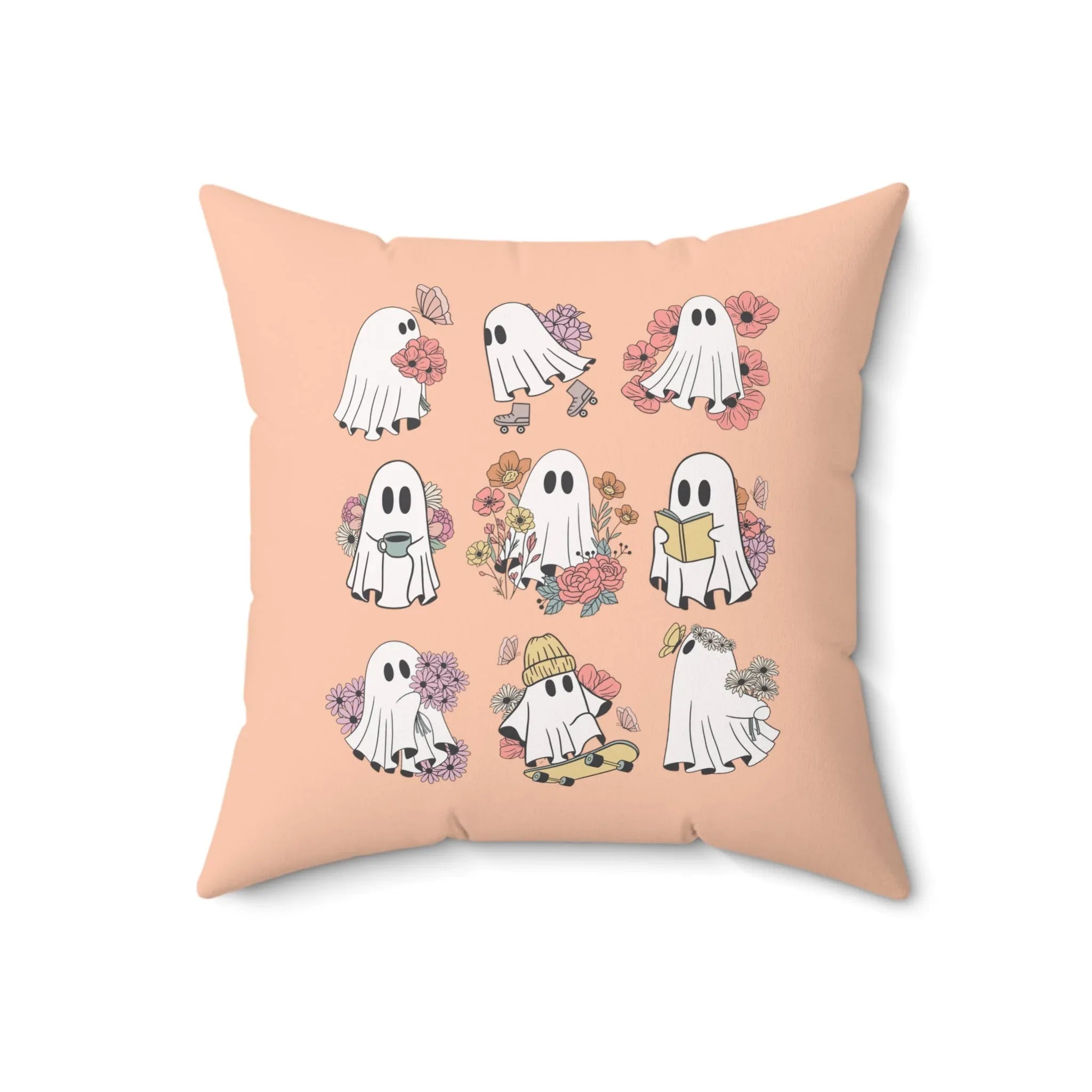 Floral Ghost Pillow for Halloween: Pastel Goth Groovy Ghost with Flowers and Boho Butterflies - BIG FRENCHIES