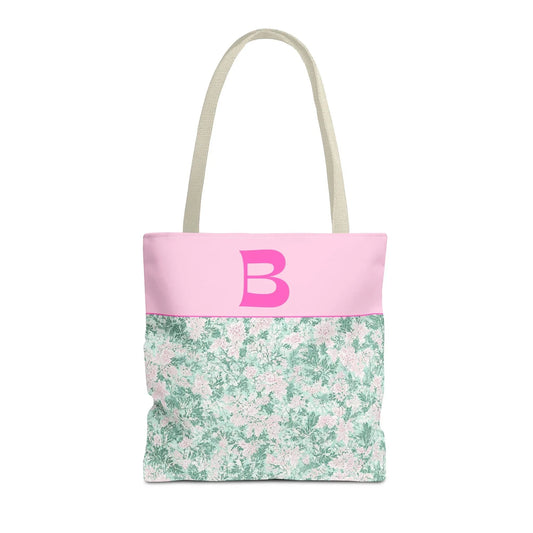 Floral Vintage Aesthetic Tote Bag with Initial for Sister or Bachelorette Party, Cute Mint and Pink Bag for Trip to Beach, Bag for Dance: B - BIG FRENCHIES