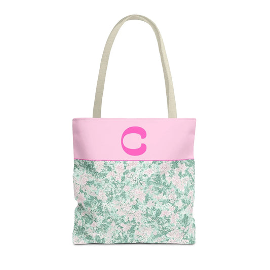 Floral Vintage Aesthetic Tote Bag with Initial for Sister or Bachelorette Party, Cute Mint and Pink Bag for Trip to Beach, Bag for Dance: C - BIG FRENCHIES