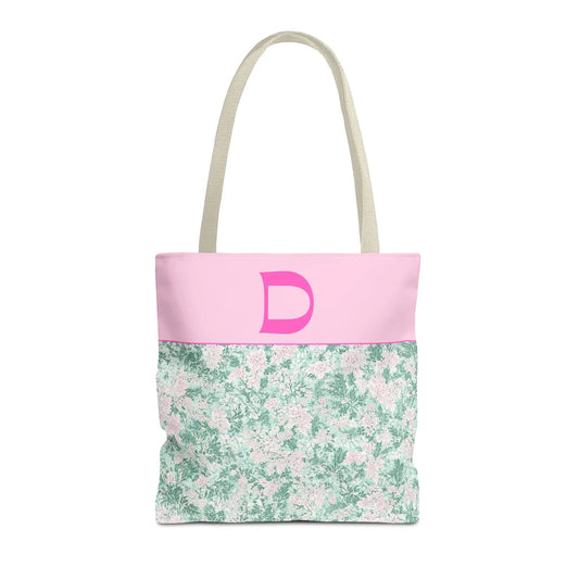 Floral Vintage Aesthetic Tote Bag with Initial for Sister or Bachelorette Party, Cute Mint and Pink Bag for Trip to Beach, Bag for Dance: D - BIG FRENCHIES