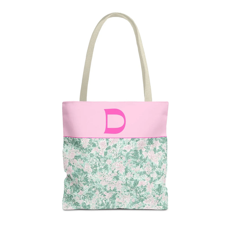 Floral Vintage Aesthetic Tote Bag with Initial for Sister or Bachelorette Party, Cute Mint and Pink Bag for Trip to Beach, Bag for Dance: D - BIG FRENCHIES