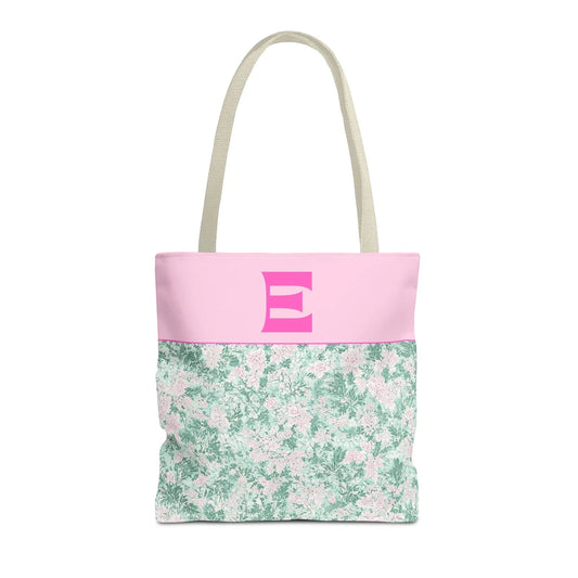 Floral Vintage Aesthetic Tote Bag with Initial for Sister or Bachelorette Party, Cute Mint and Pink Bag for Trip to Beach, Bag for Dance: E - BIG FRENCHIES