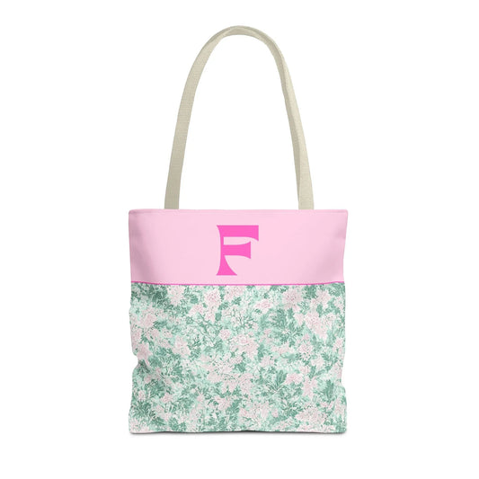 Floral Vintage Aesthetic Tote Bag with Initial for Sister or Bachelorette Party, Cute Mint and Pink Bag for Trip to Beach, Bag for Dance: F - BIG FRENCHIES