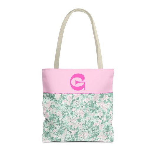 Floral Vintage Aesthetic Tote Bag with Initial for Sister or Bachelorette Party, Cute Mint and Pink Bag for Trip to Beach, Bag for Dance: G - BIG FRENCHIES