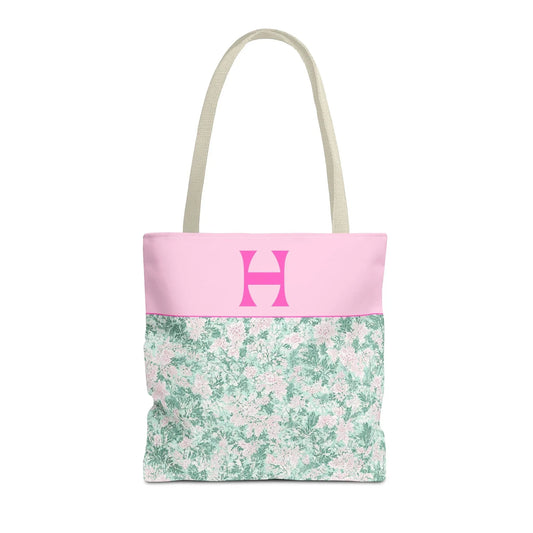 Floral Vintage Aesthetic Tote Bag with Initial for Sister or Bachelorette Party, Cute Mint and Pink Bag for Trip to Beach, Bag for Dance: H - BIG FRENCHIES