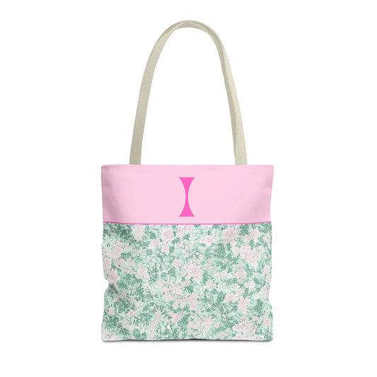 Floral Vintage Aesthetic Tote Bag with Initial for Sister or Bachelorette Party, Cute Mint and Pink Bag for Trip to Beach, Bag for Dance: I - BIG FRENCHIES