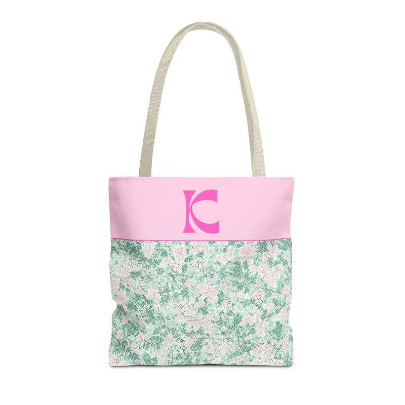 Floral Vintage Aesthetic Tote Bag with Initial for Sister or Bachelorette Party, Cute Mint and Pink Bag for Trip to Beach, Bag for Dance: K - BIG FRENCHIES
