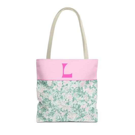 Floral Vintage Aesthetic Tote Bag with Initial for Sister or Bachelorette Party, Cute Mint and Pink Bag for Trip to Beach, Bag for Dance: L - BIG FRENCHIES