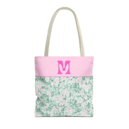 Floral Vintage Aesthetic Tote Bag with Initial for Sister or Bachelorette Party, Cute Mint and Pink Bag for Trip to Beach, Bag for Dance: M - BIG FRENCHIES