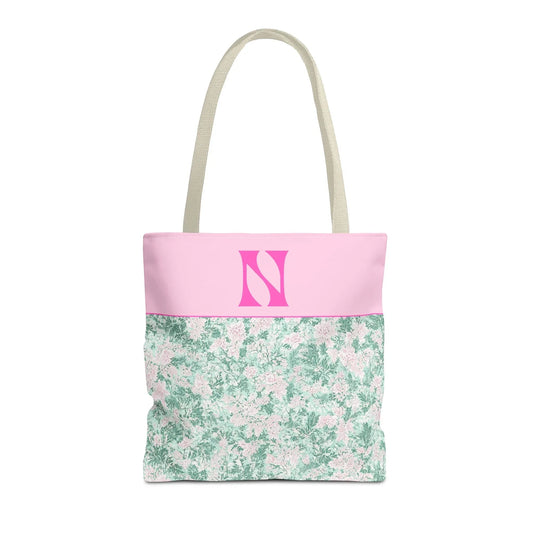 Floral Vintage Aesthetic Tote Bag with Initial for Sister or Bachelorette Party, Cute Mint and Pink Bag for Trip to Beach, Bag for Dance: N - BIG FRENCHIES