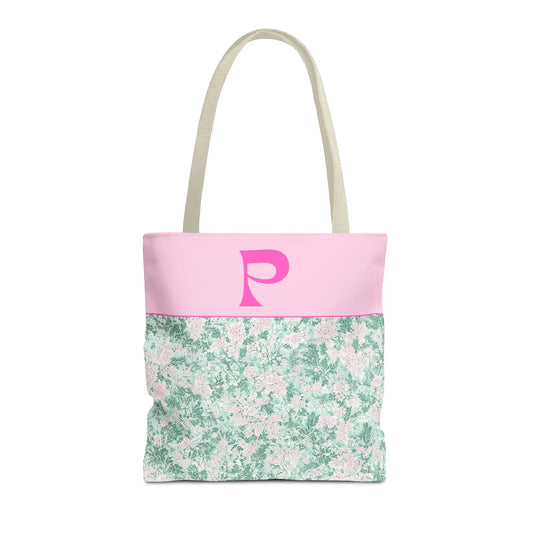 Floral Vintage Aesthetic Tote Bag with Initial for Sister or Bachelorette Party, Cute Mint and Pink Bag for Trip to Beach, Bag for Dance: P - BIG FRENCHIES