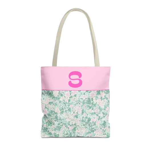 Floral Vintage Aesthetic Tote Bag with Initial for Sister or Bachelorette Party, Cute Mint and Pink Bag for Trip to Beach, Bag for Dance: S - BIG FRENCHIES