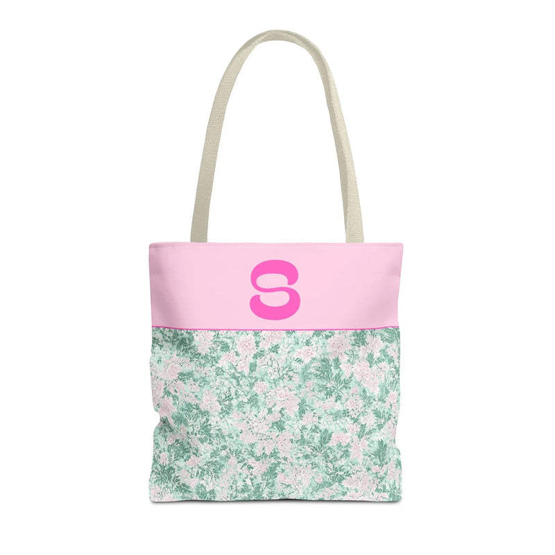 Floral Vintage Aesthetic Tote Bag with Initial for Sister or Bachelorette Party, Cute Mint and Pink Bag for Trip to Beach, Bag for Dance: S - BIG FRENCHIES