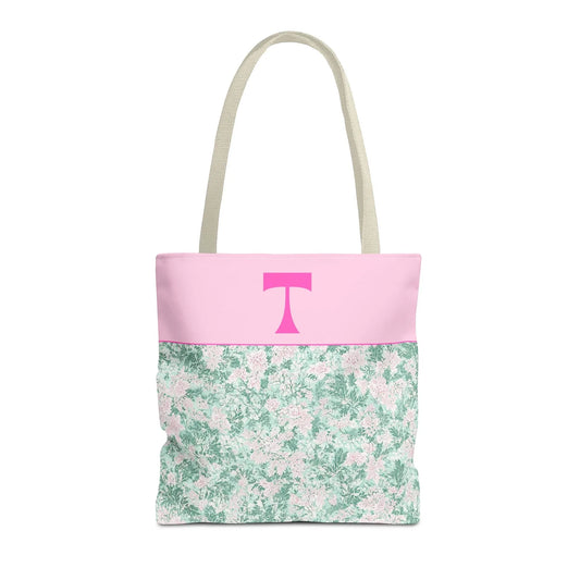 Floral Vintage Aesthetic Tote Bag with Initial for Sister or Bachelorette Party, Cute Mint and Pink Bag for Trip to Beach, Bag for Dance: T - BIG FRENCHIES