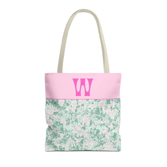 Floral Vintage Aesthetic Tote Bag with Initial for Sister or Bachelorette Party, Cute Mint and Pink Bag for Trip to Beach, Bag for Dance: W - BIG FRENCHIES