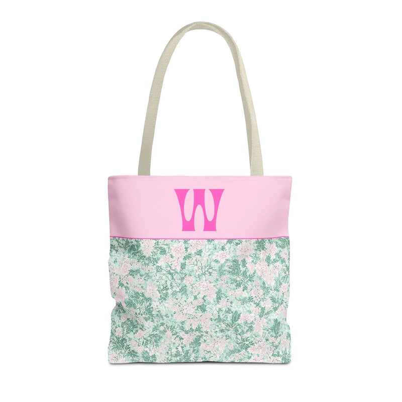 Floral Vintage Aesthetic Tote Bag with Initial for Sister or Bachelorette Party, Cute Mint and Pink Bag for Trip to Beach, Bag for Dance: W - BIG FRENCHIES