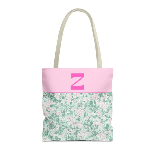 Floral Vintage Aesthetic Tote Bag with Initial for Sister or Bachelorette Party, Cute Mint and Pink Bag for Trip to Beach, Bag for Dance: Z - BIG FRENCHIES