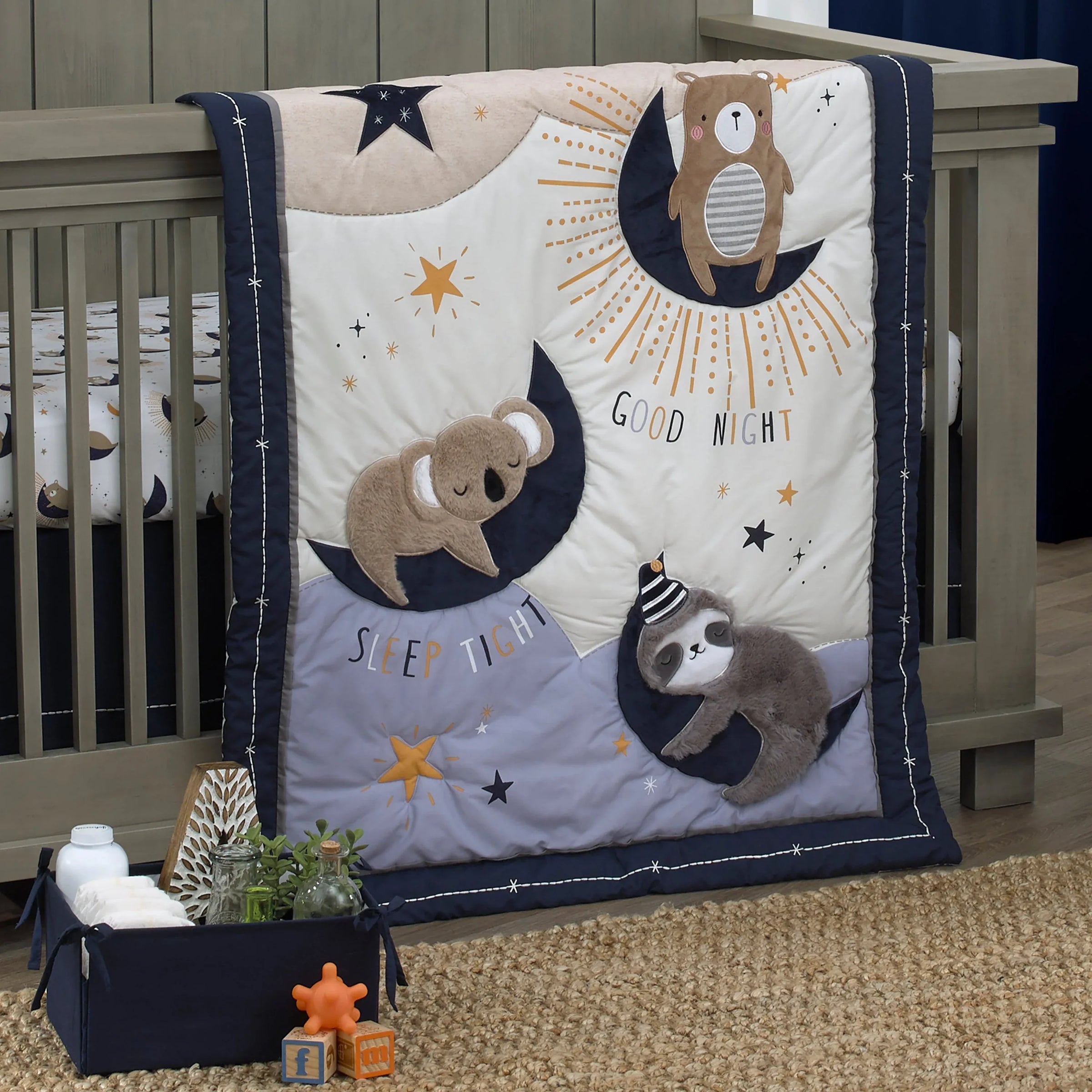 Goodnight Sleep Tight White and Blue Koala, Sloth, Bear, Star, and Moon 4 Piece Nursery Crib Bedding Set - Comforter, 100% Cotton Fitted Crib Sheet, Crib Skirt, and Storage - BIG FRENCHIES