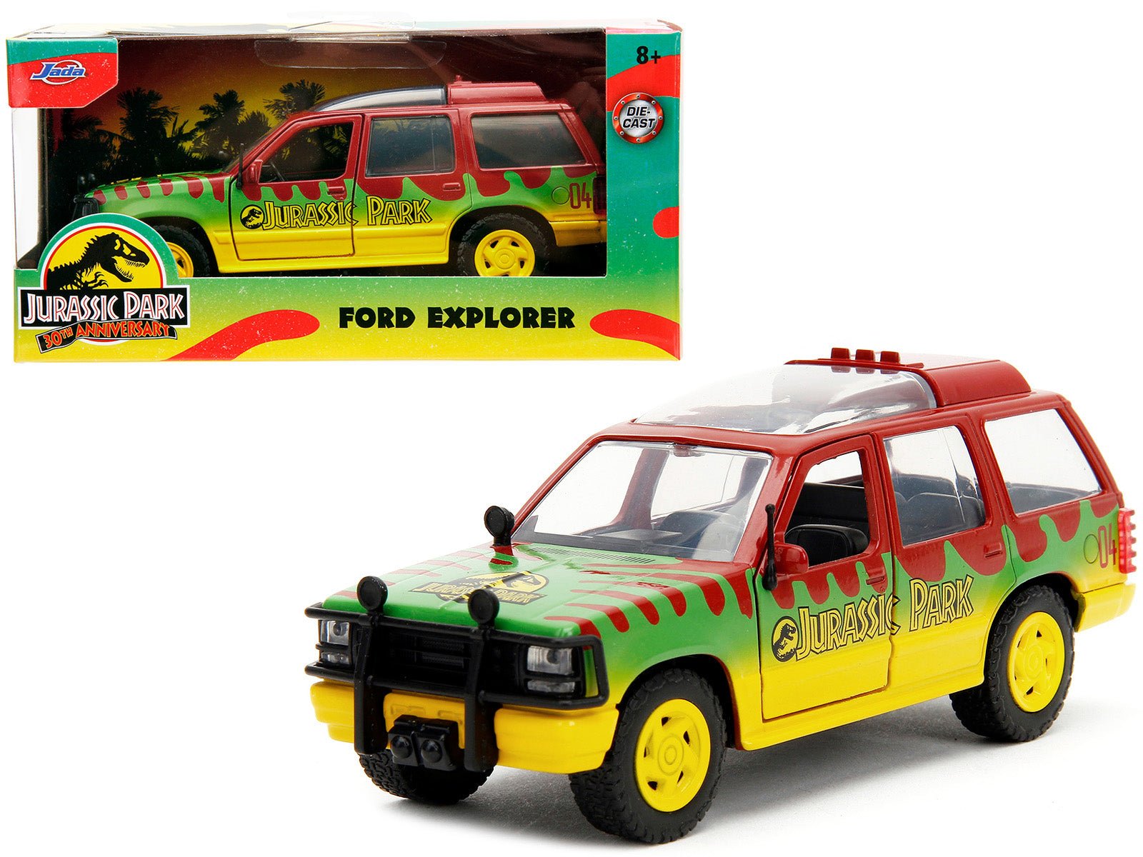 Ford Explorer Red and Yellow with Green Graphics "Jurassic Park" (1993) Movie 30th Anniversary "Hollywood Rides" Series 1/32 Diecast Model Car by Jada  free shipping USA