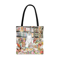 Funny Bookish Tote Bag for Halloween: Floral Ghost in Library - BIG FRENCHIES