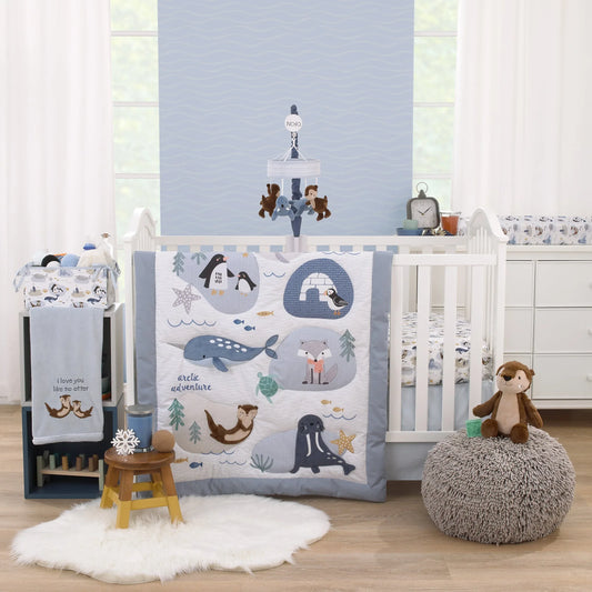 Arctic Adventure Light Blue, White, Taupe and Navy Whales, Walrus, and Otter 4 Piece Nursery Crib Bedding Set - Comforter, 100% Cotton Fitted Crib Sheet, Crib Skirt, and Storage Caddy - BIG FRENCHIES