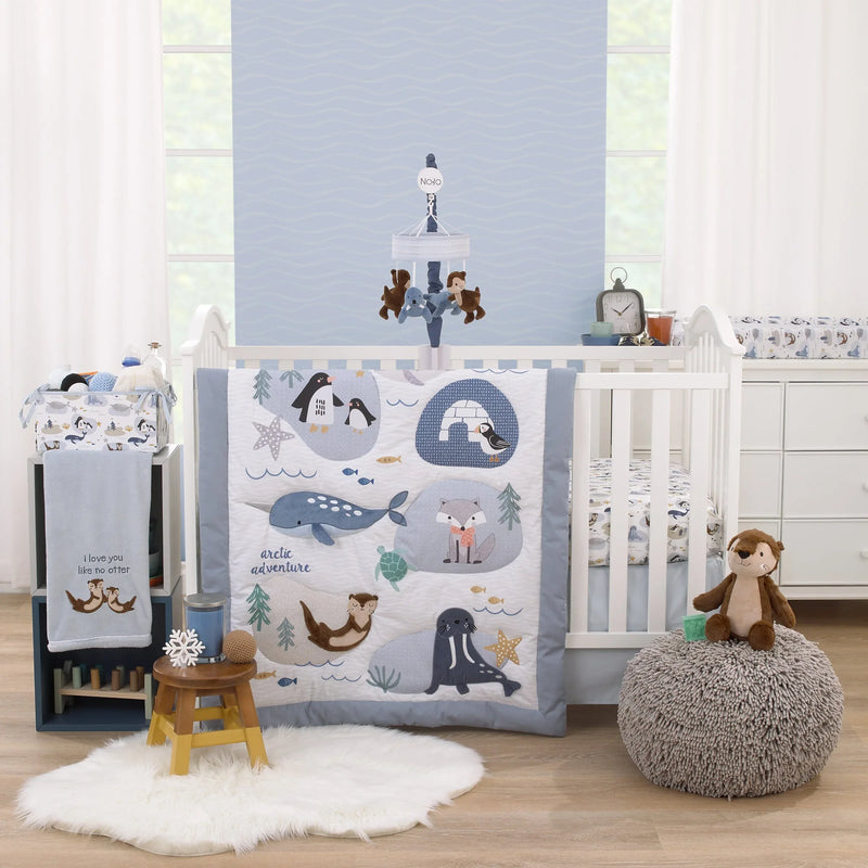 Arctic Adventure Light Blue, White, Taupe and Navy Whales, Walrus, and Otter 4 Piece Nursery Crib Bedding Set - Comforter, 100% Cotton Fitted Crib Sheet, Crib Skirt, and Storage Caddy - BIG FRENCHIES