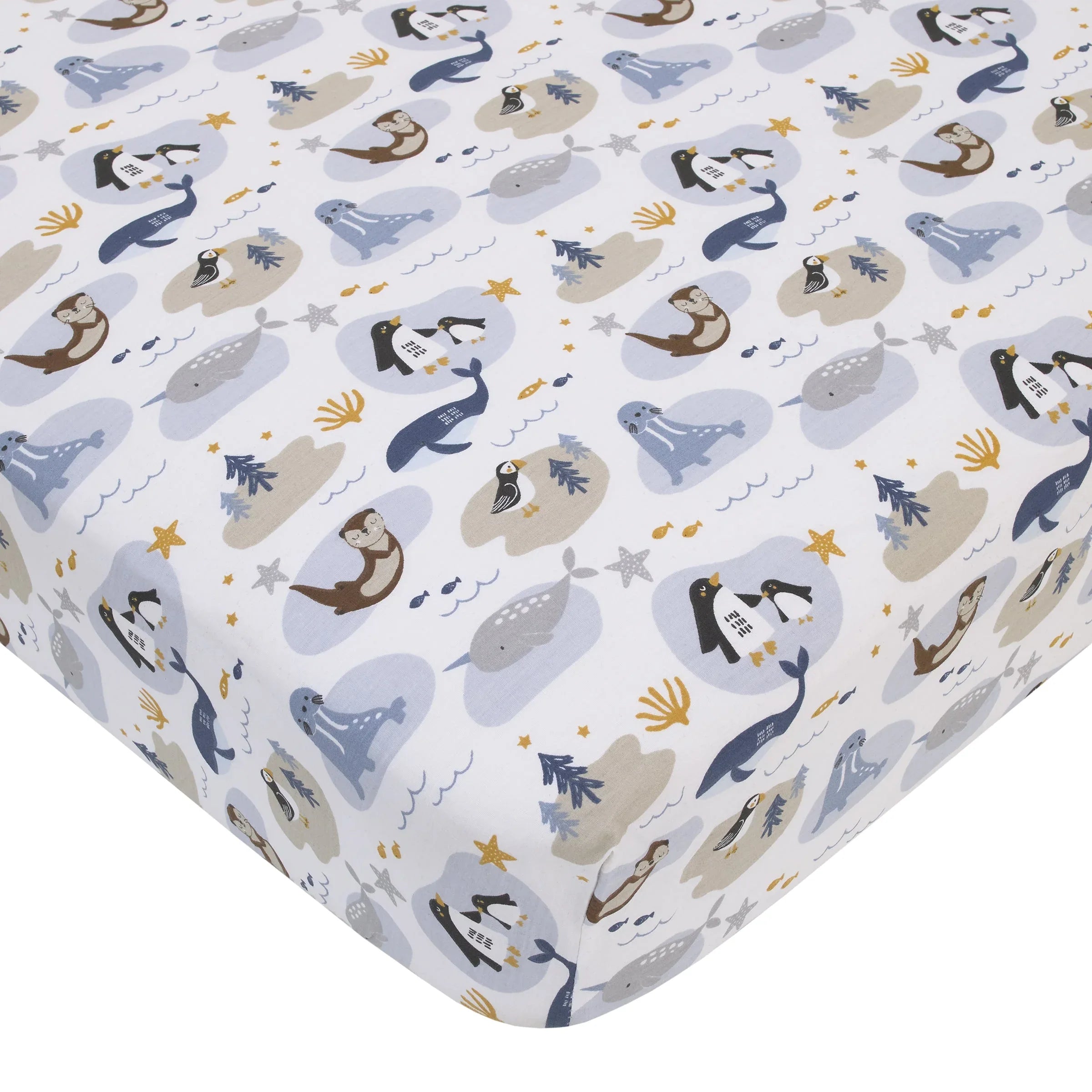 Arctic Adventure Light Blue, White, Taupe and Navy Whales, Walrus, and Otter 4 Piece Nursery Crib Bedding Set - Comforter, 100% Cotton Fitted Crib Sheet, Crib Skirt, and Storage Caddy - BIG FRENCHIES