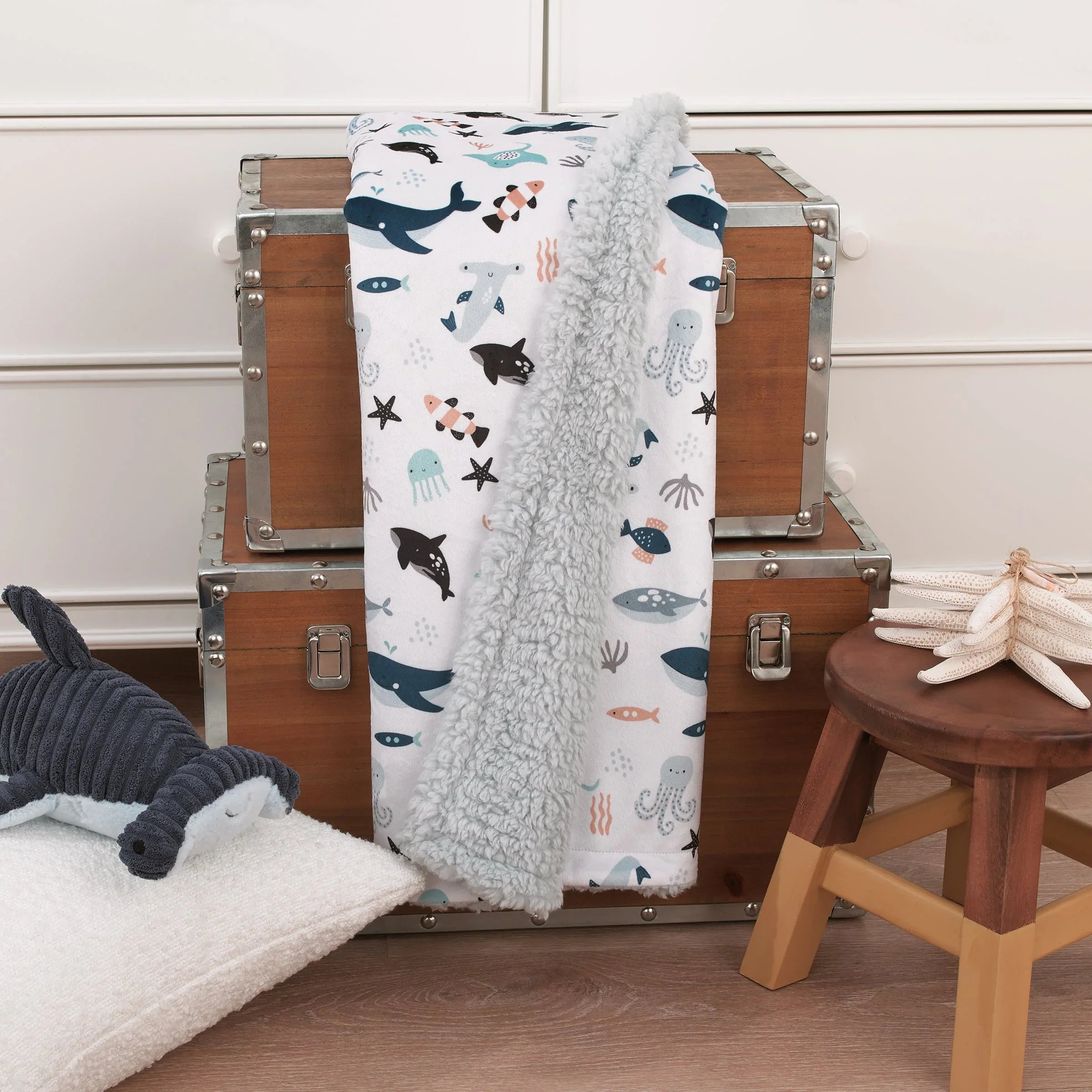 Explore Dream Discover Light Blue, Navy, Gray and Coral Super Soft Sherpa Baby Blanket - BIG FRENCHIES