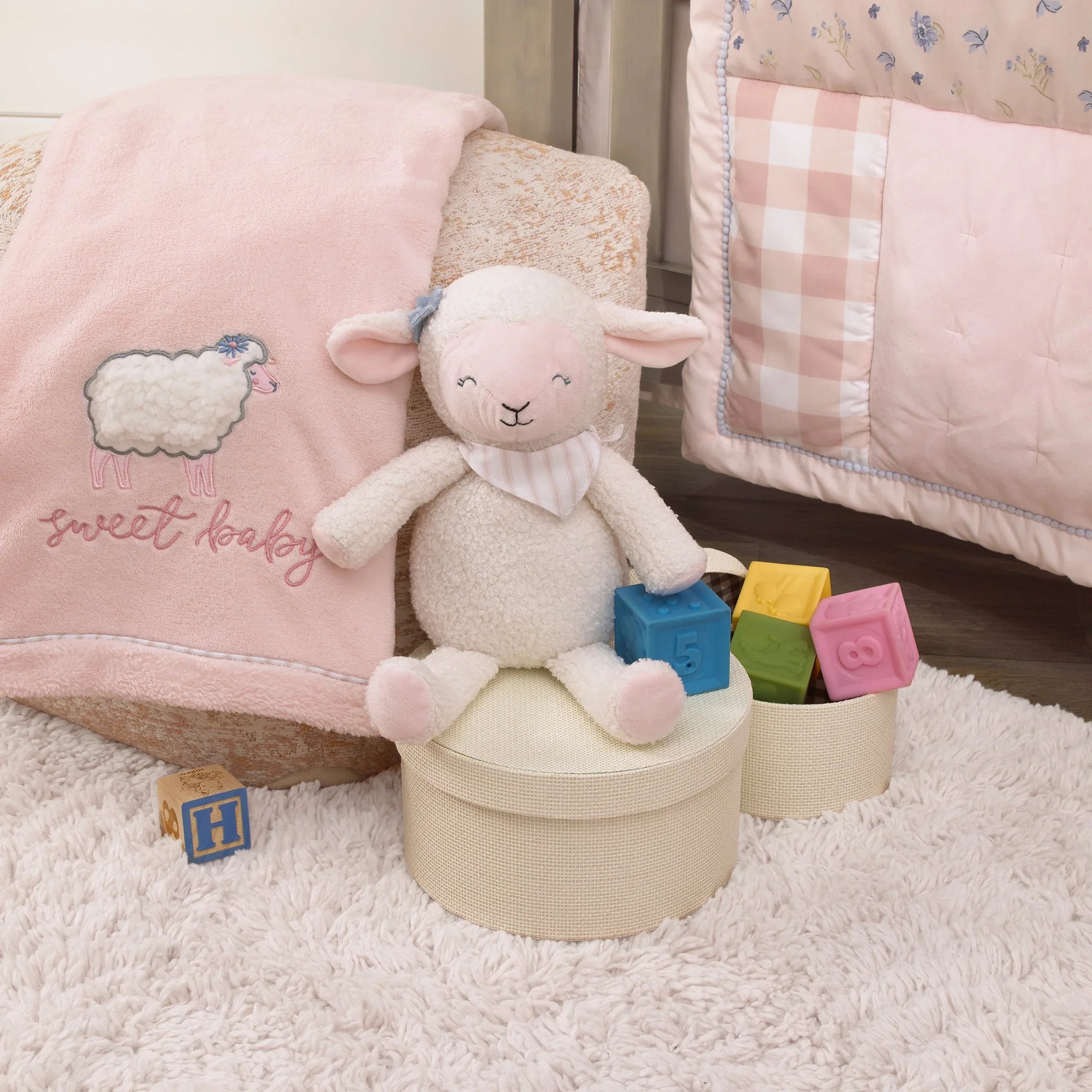 Farmhouse Chic Pink and White Super Soft Plush Stuffed Animal Lamb with Bandana - "Meadow" - BIG FRENCHIES