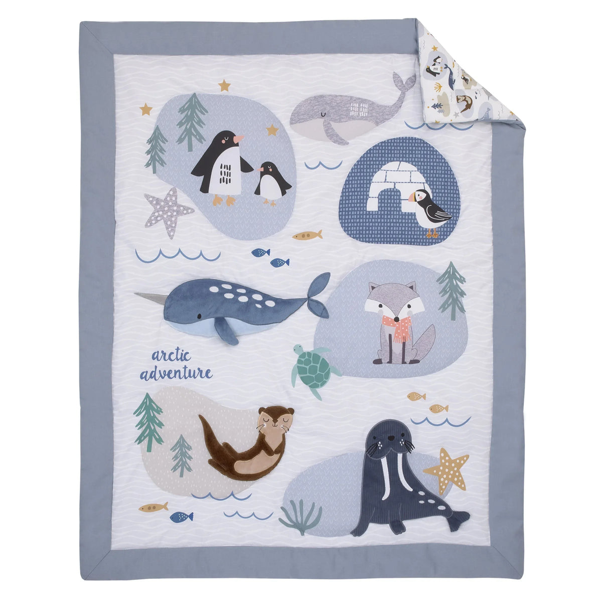Arctic Adventure Light Blue, White, Taupe and Navy Whales, Walrus, and Otter 4 Piece Nursery Crib Bedding Set - Comforter, 100% Cotton Fitted Crib Sheet, Crib Skirt, and Storage Caddy - BIG FRENCHIES