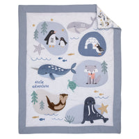 Arctic Adventure Light Blue, White, Taupe and Navy Whales, Walrus, and Otter 4 Piece Nursery Crib Bedding Set - Comforter, 100% Cotton Fitted Crib Sheet, Crib Skirt, and Storage Caddy - BIG FRENCHIES