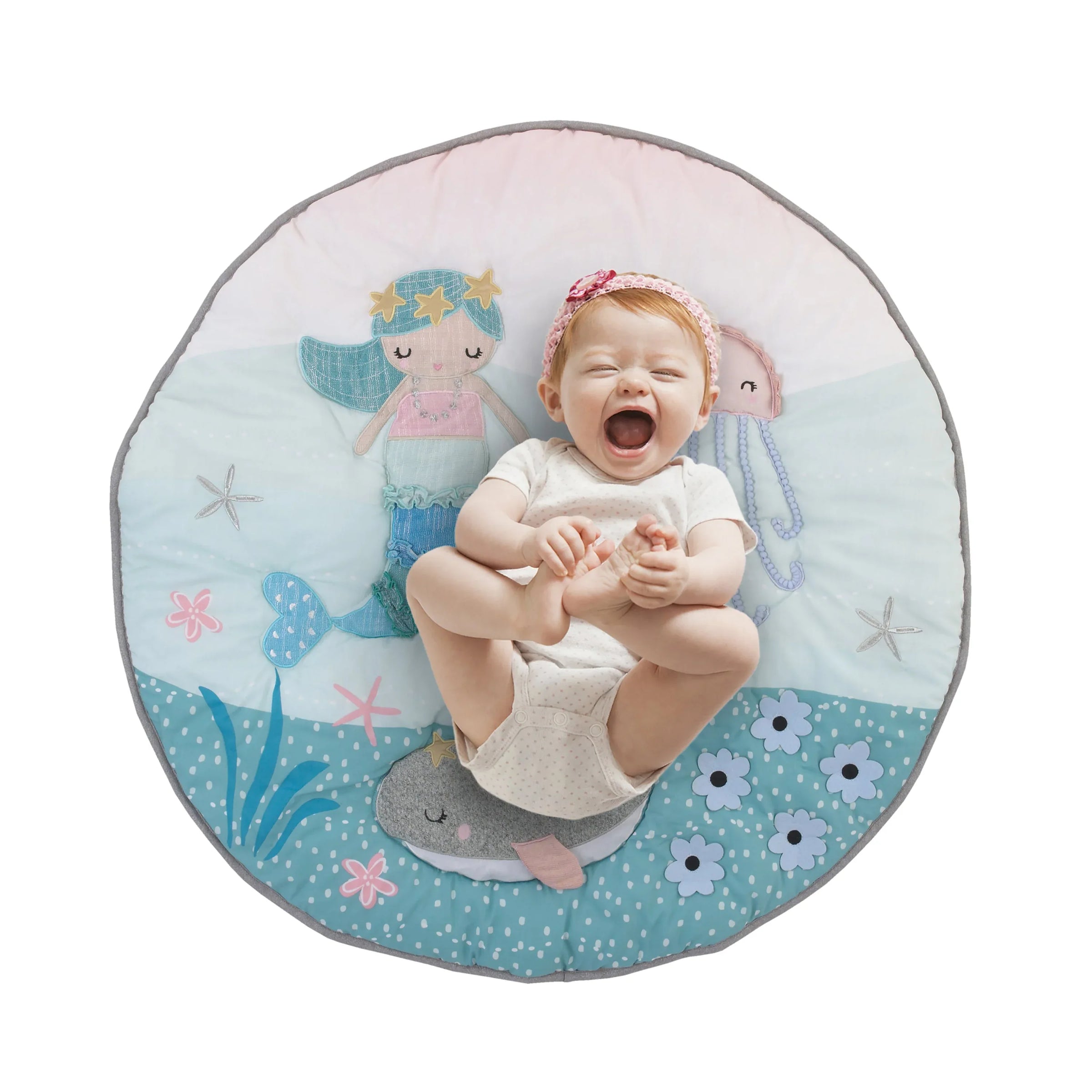 Sugar Reef Mermaid 4 Piece Nursery Crib Bedding Set - Appliqued Round Play Quilt, 100% Cotton Fitted Crib Sheet, Shirred Crib Skirt with 16" Drop, Nursery Organizer - BIG FRENCHIES