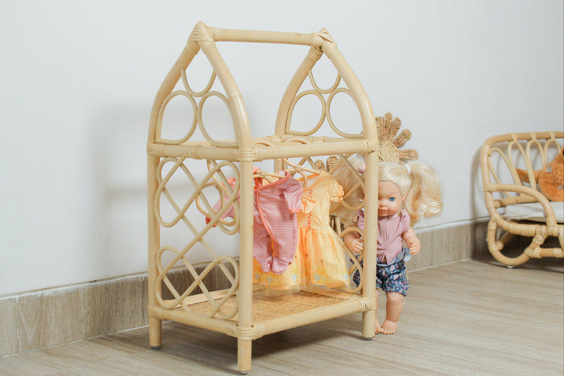 Rattan Doll Clothes Rack with Mini Hangers – Boho Pretend Play Closet ...