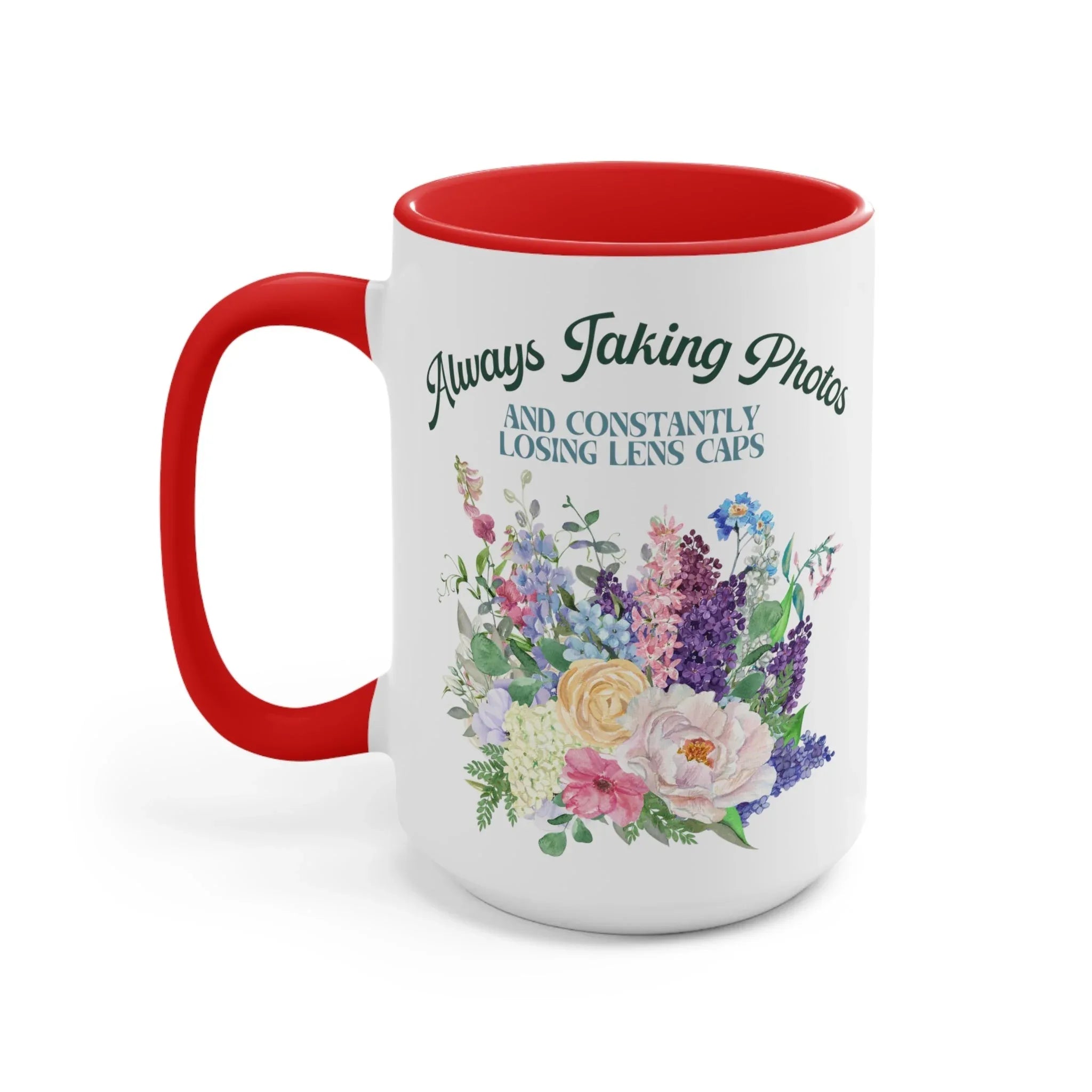 Gift for Photographer: 15 Oz Coffee Mug with Funny Saying | Always Taking Photos and Losing Lens Caps - BIG FRENCHIES