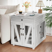 Furniture-Style Wooden Dog Crate End Table with USB Charging, Storage Drawer & Double Latch – For Medium Dogs up to 40 lbs