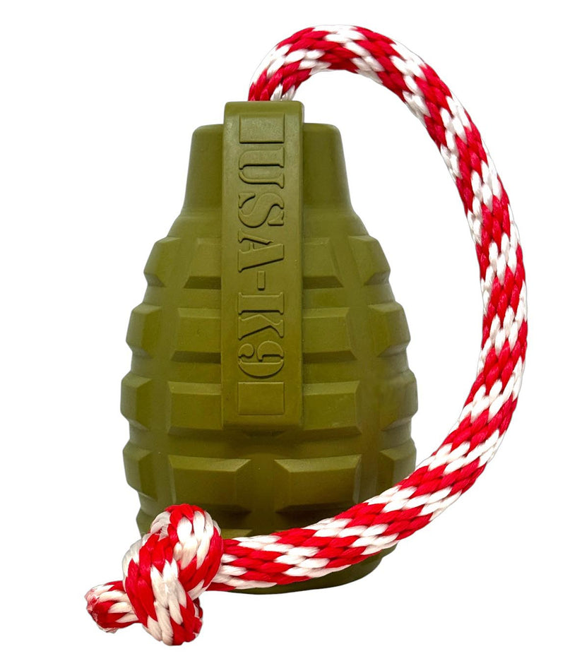 USA-K9 Grenade Shaped Rubber Dog Toy - Chew, Treat Dispenser & Tug Toy | USA - Army Green - BIG FRENCHIES