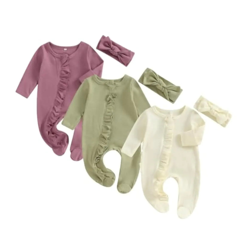Merqwadd Baby Girl Zipper Pajama Footies 3 Pack Ruffle Sleeper Coming Home Infant Cotton Clothes (Waffle Knit-Lavender/Green/Cream 3-6 Months) - # BAAA81810009 - BIG FRENCHIES