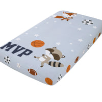 Team All Star Light Blue, Grey, and Orange, MVP Fox and Raccoon Sports Theme with White Stars Photo Op 100% Cotton Fitted Crib Sheet - BIG FRENCHIES