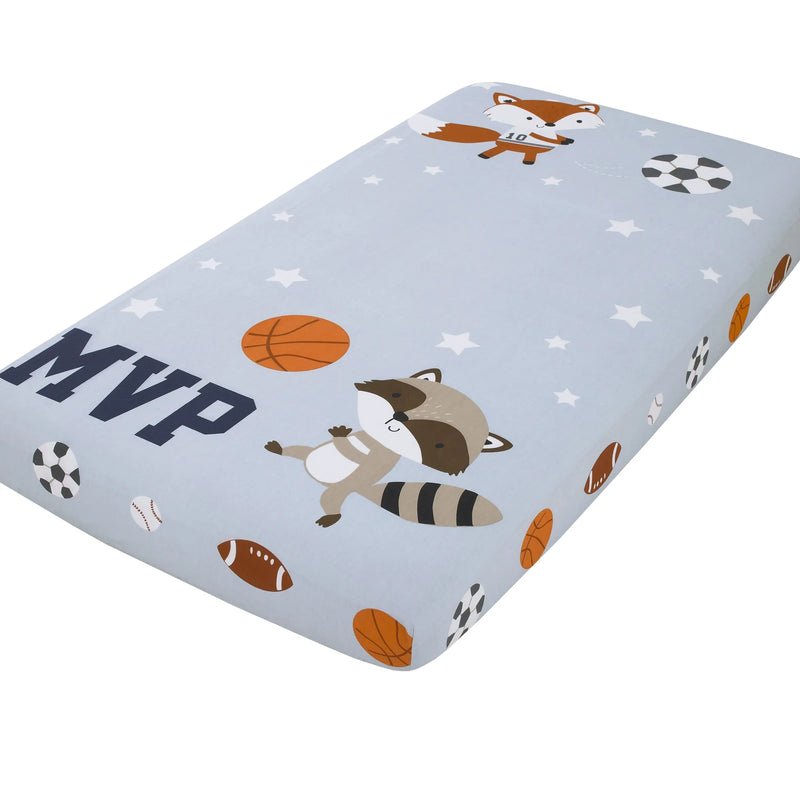 Team All Star Light Blue, Grey, and Orange, MVP Fox and Raccoon Sports Theme with White Stars Photo Op 100% Cotton Fitted Crib Sheet - BIG FRENCHIES