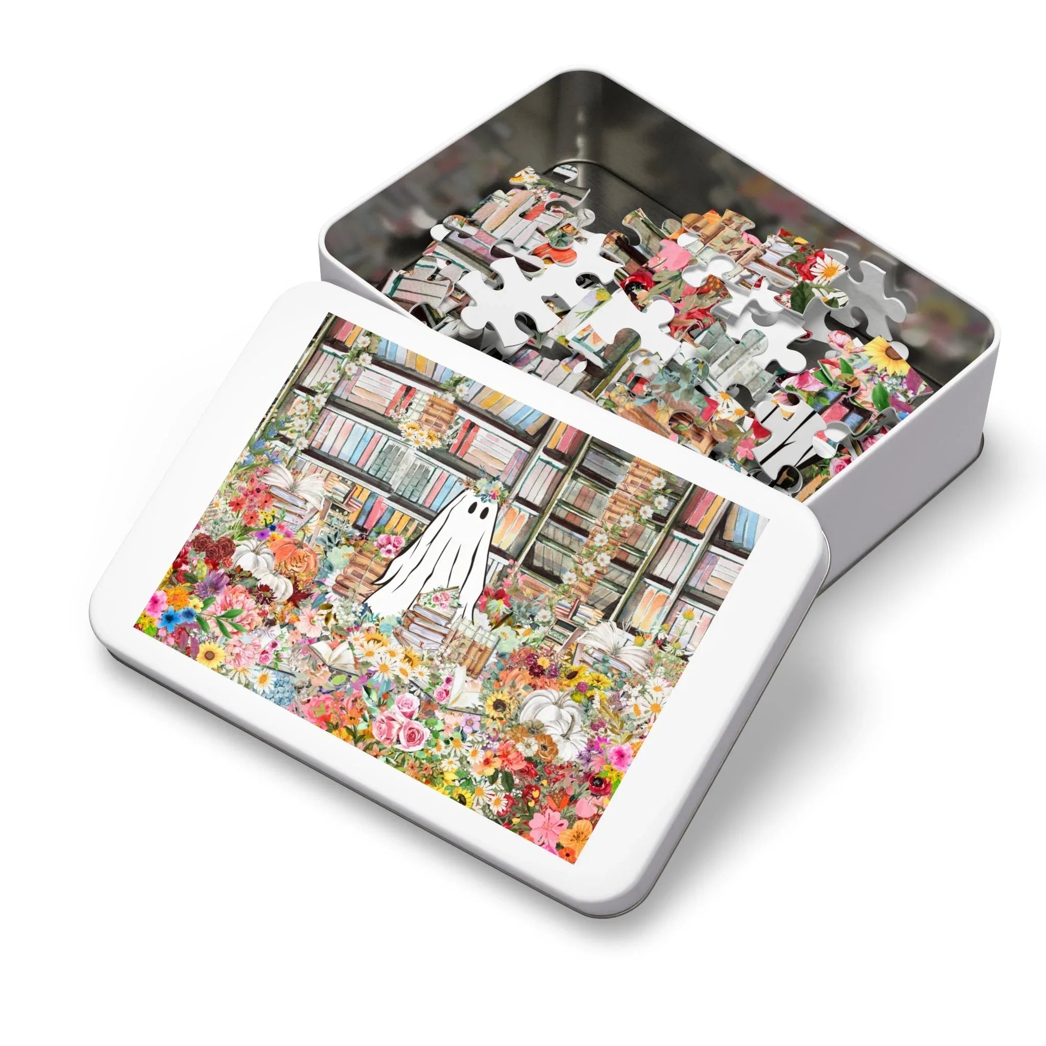 Halloween Ghost Puzzle in Library: Adorable Floral Ghost Surrounded by Books and Flowers - BIG FRENCHIES