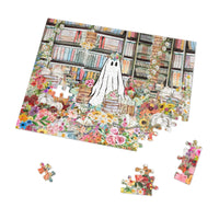 Halloween Ghost Puzzle in Library: Adorable Floral Ghost Surrounded by Books and Flowers - BIG FRENCHIES