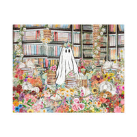 Halloween Ghost Puzzle in Library: Adorable Floral Ghost Surrounded by Books and Flowers - BIG FRENCHIES
