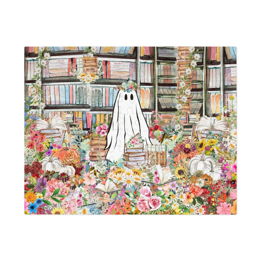 Halloween Ghost Puzzle in Library: Adorable Floral Ghost Surrounded by Books and Flowers - BIG FRENCHIES