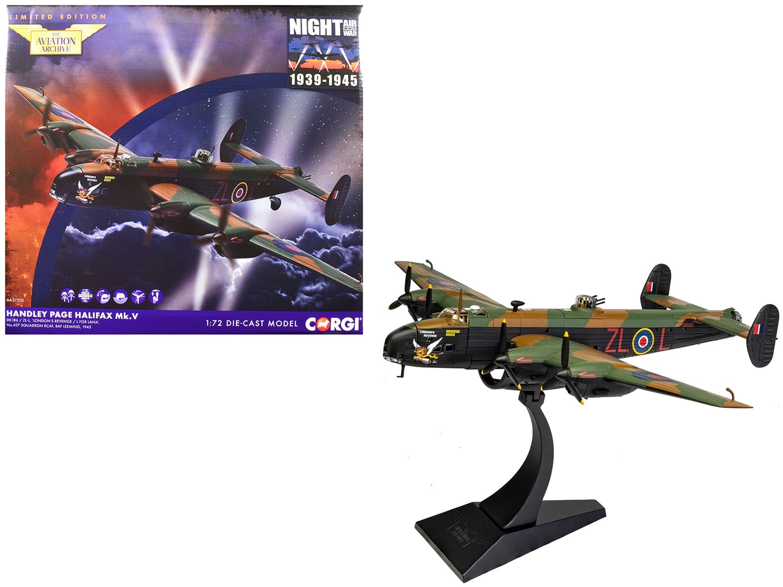 Handley Page Halifax MkV Bomber Aircraft "DK186 London’s Revenge - L for Lana No. 427 Squadron RAF Leeming" (1943) Royal Canadian Air Force "The Aviation Archive" Series 1/72 Diecast Model by Corgi  free shipping USA